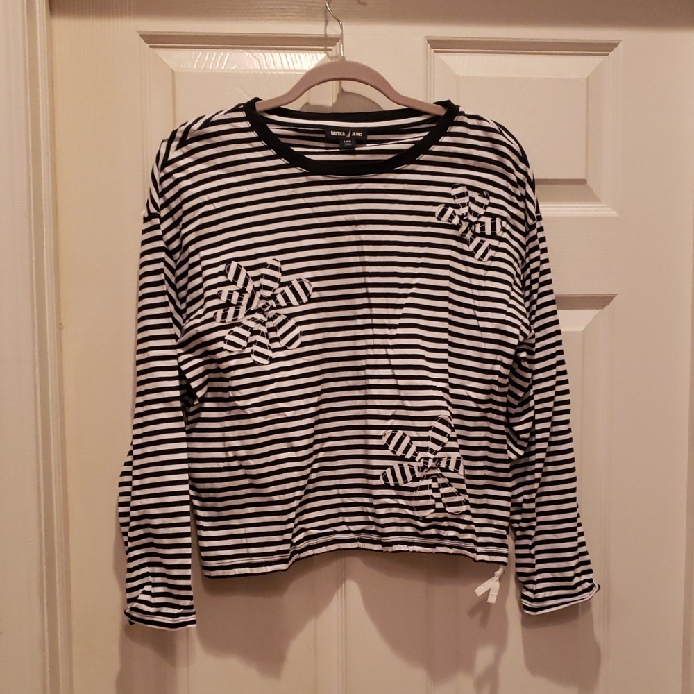 Nautica Black and White Striped Long Sleeve Tee
